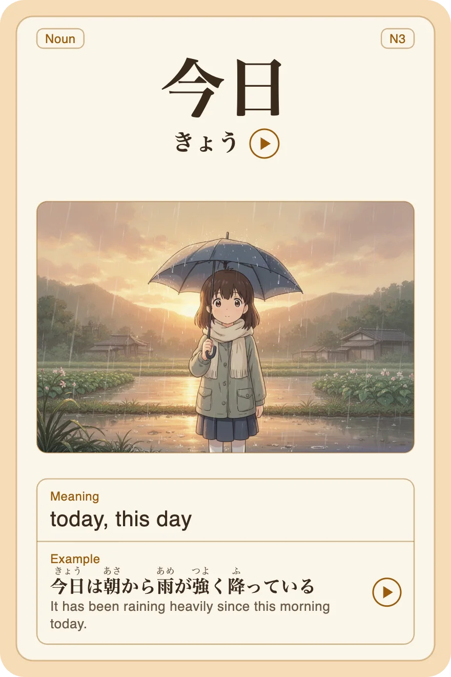 An example N3 card: 今日 — today