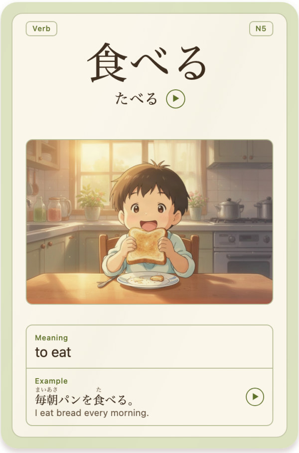 A Tanuki Deck flashcard: headword, reading with audio, illustration, meaning and example sentence